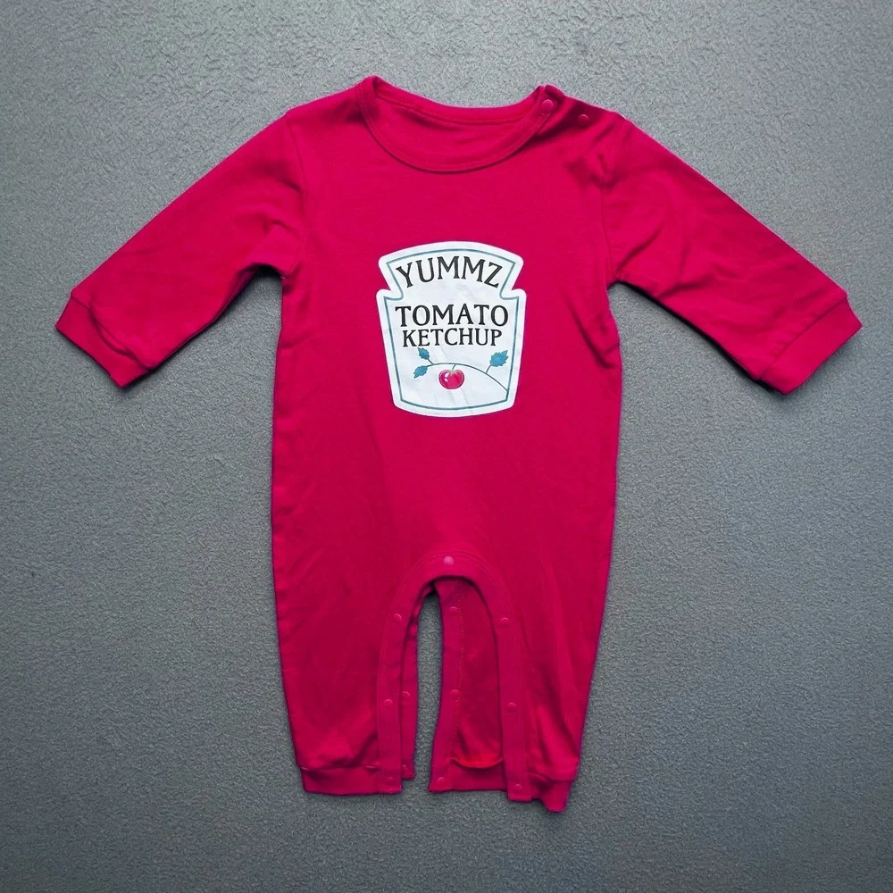 YSCULBUTOL Baby Red Ketchup Graphic Romper Long Sleeve Cotton 10-12M